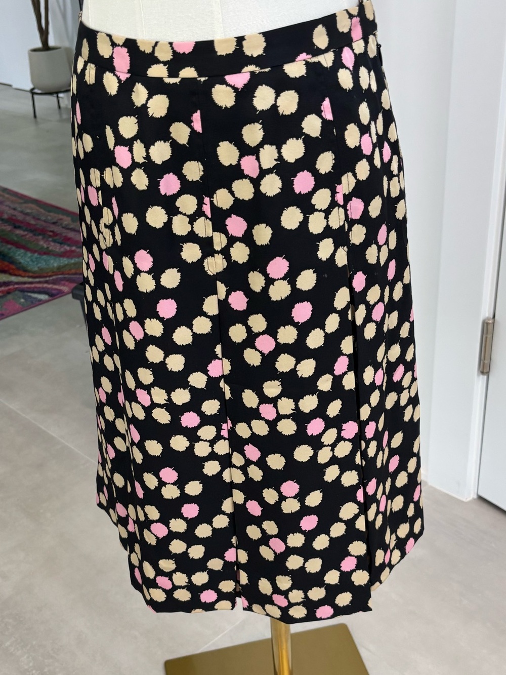 J. Crew Black Midi Skirt with Pink & Cream Dot Print SILK with soft pleats